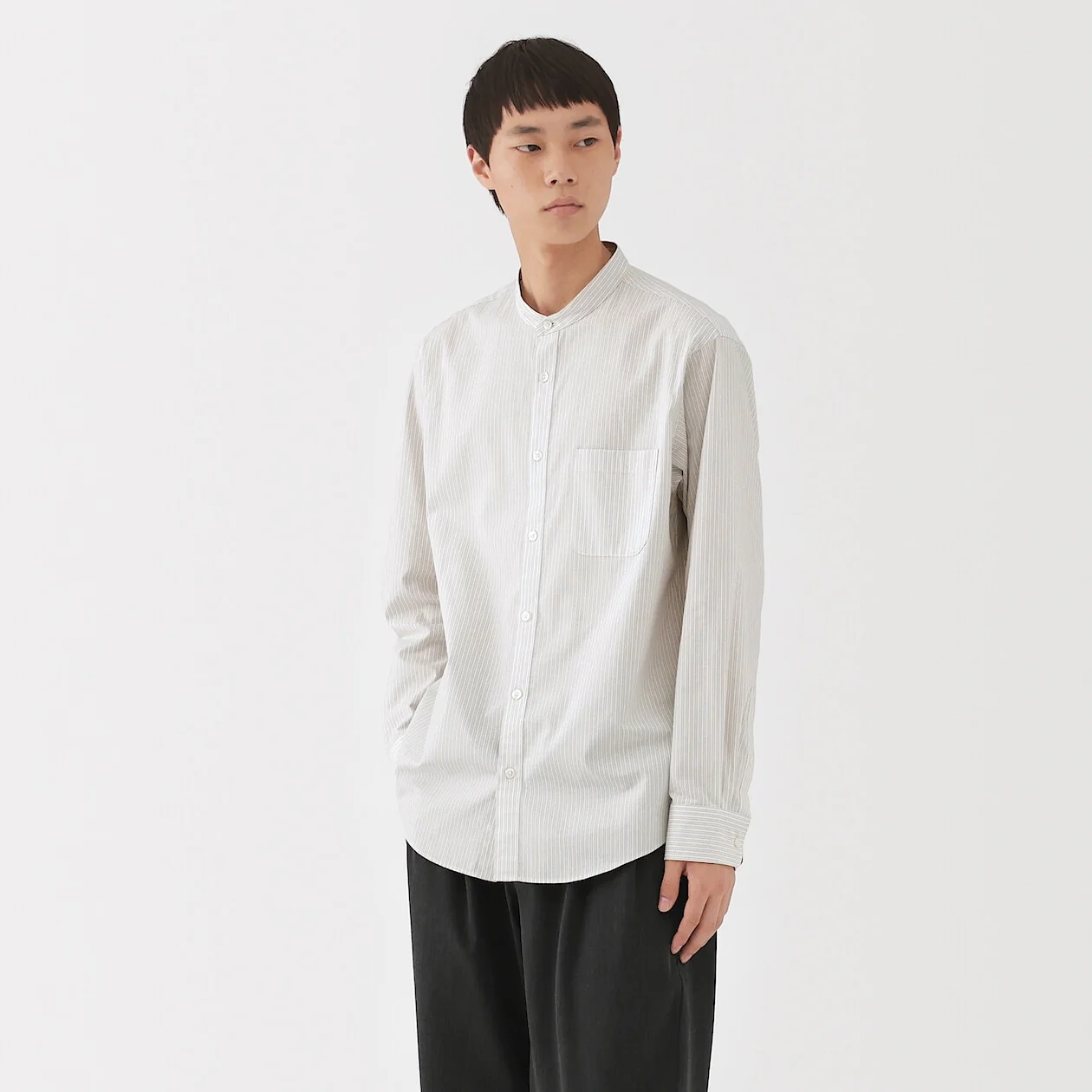 Washed Broadcloth Stand Collar Long-Sleeve Shirt