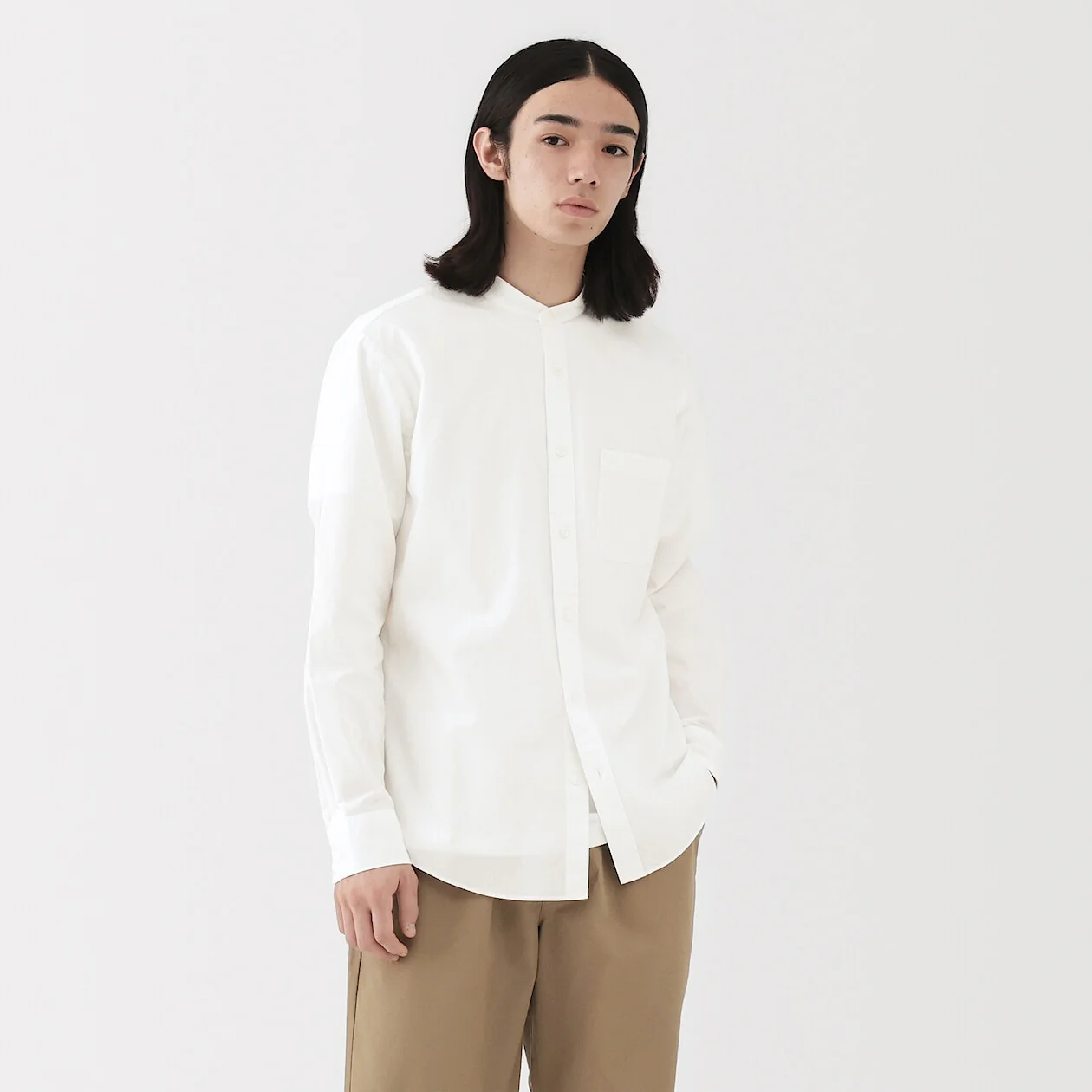 Washed Broadcloth Stand Collar Long-Sleeve Shirt - Image 10
