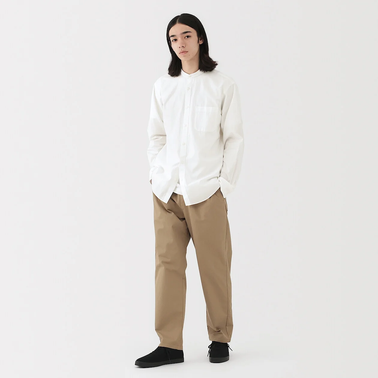Washed Broadcloth Stand Collar Long-Sleeve Shirt - Image 11