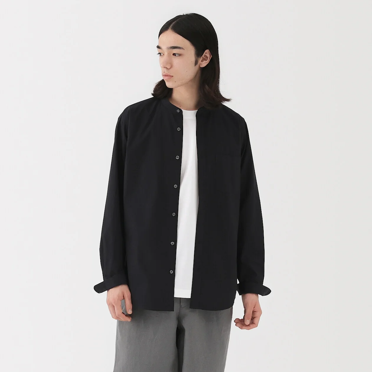 Washed Broadcloth Stand Collar Long-Sleeve Shirt - Image 15