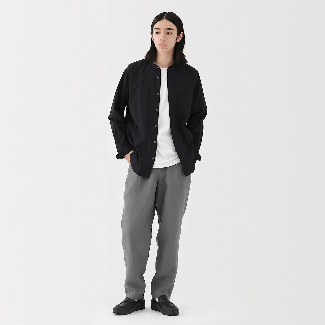Washed Broadcloth Stand Collar Long-Sleeve Shirt - Image 16