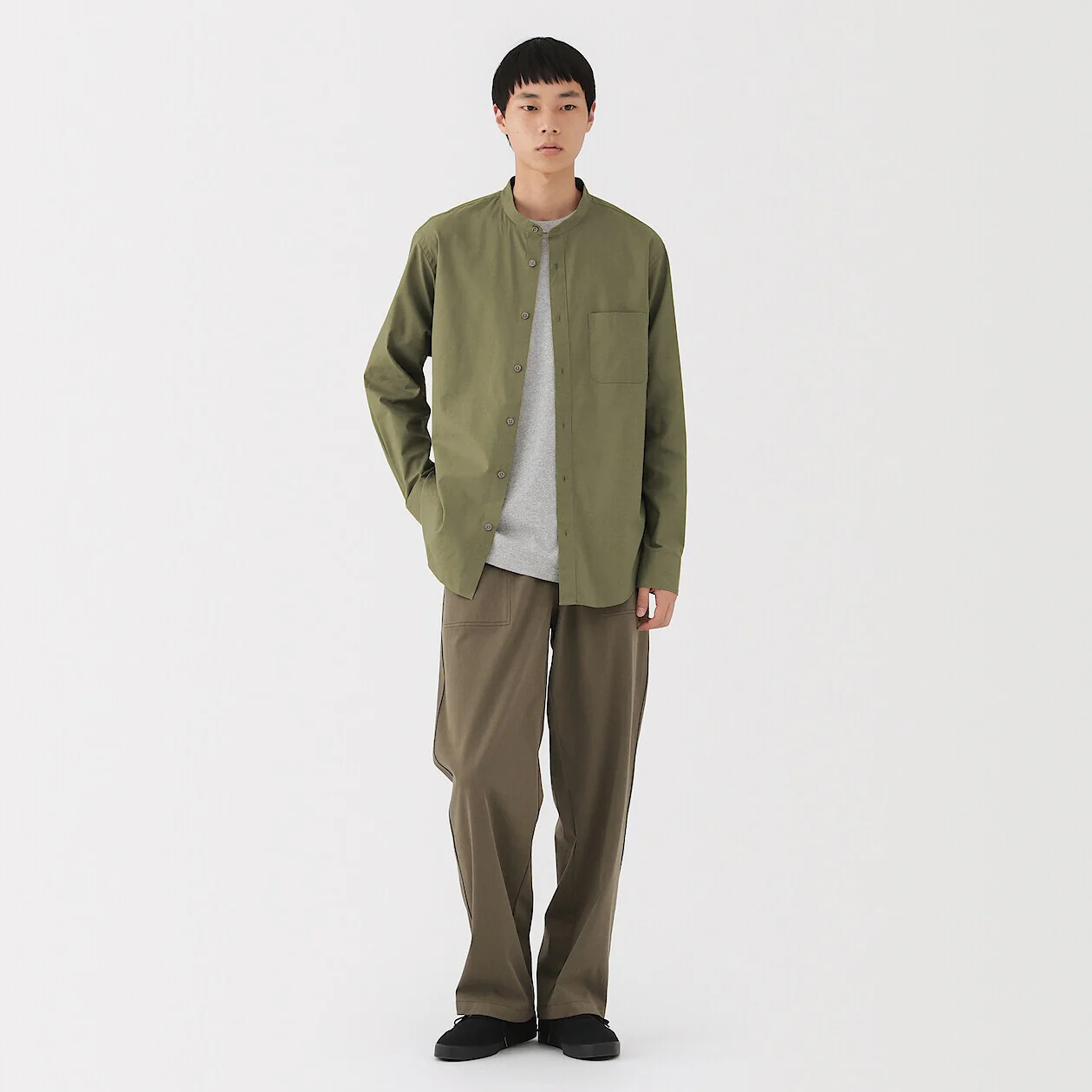 Washed Broadcloth Stand Collar Long-Sleeve Shirt - Image 21