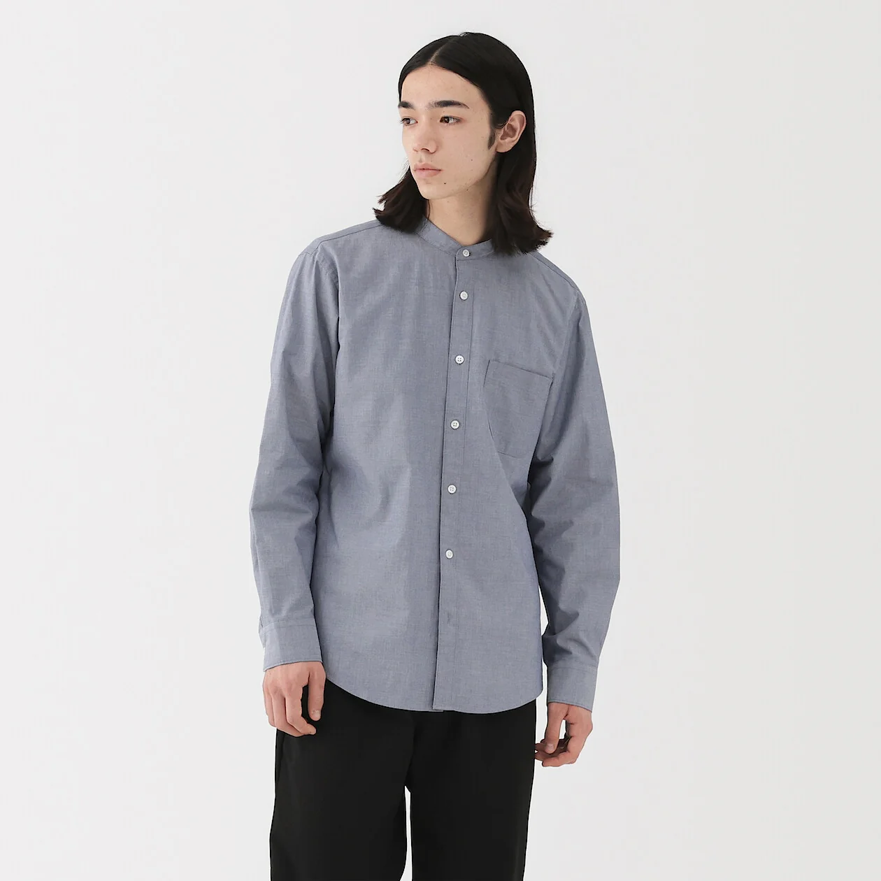 Washed Broadcloth Stand Collar Long-Sleeve Shirt - Image 25