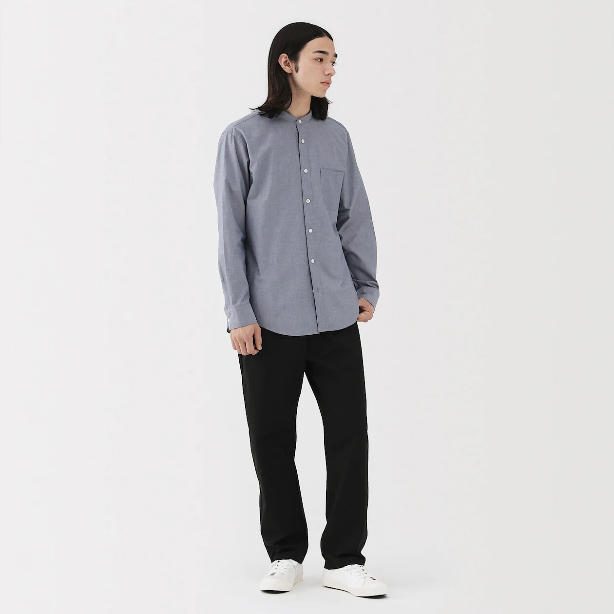 Washed Broadcloth Stand Collar Long-Sleeve Shirt - Image 26