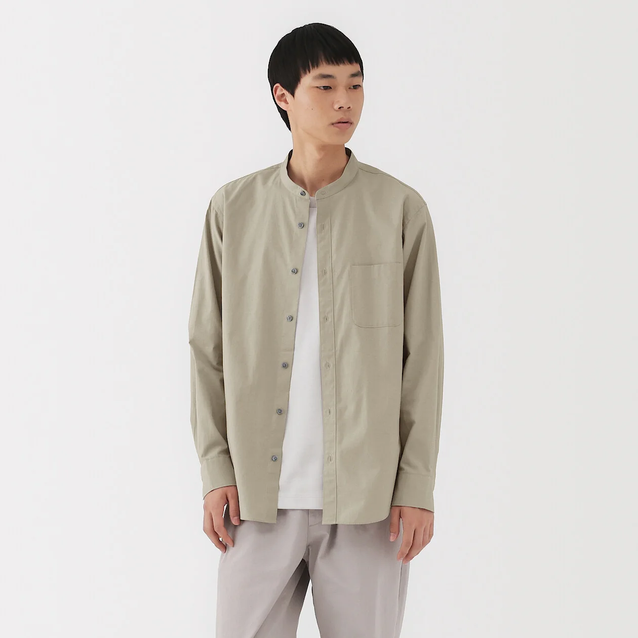 Washed Broadcloth Stand Collar Long-Sleeve Shirt - Image 30