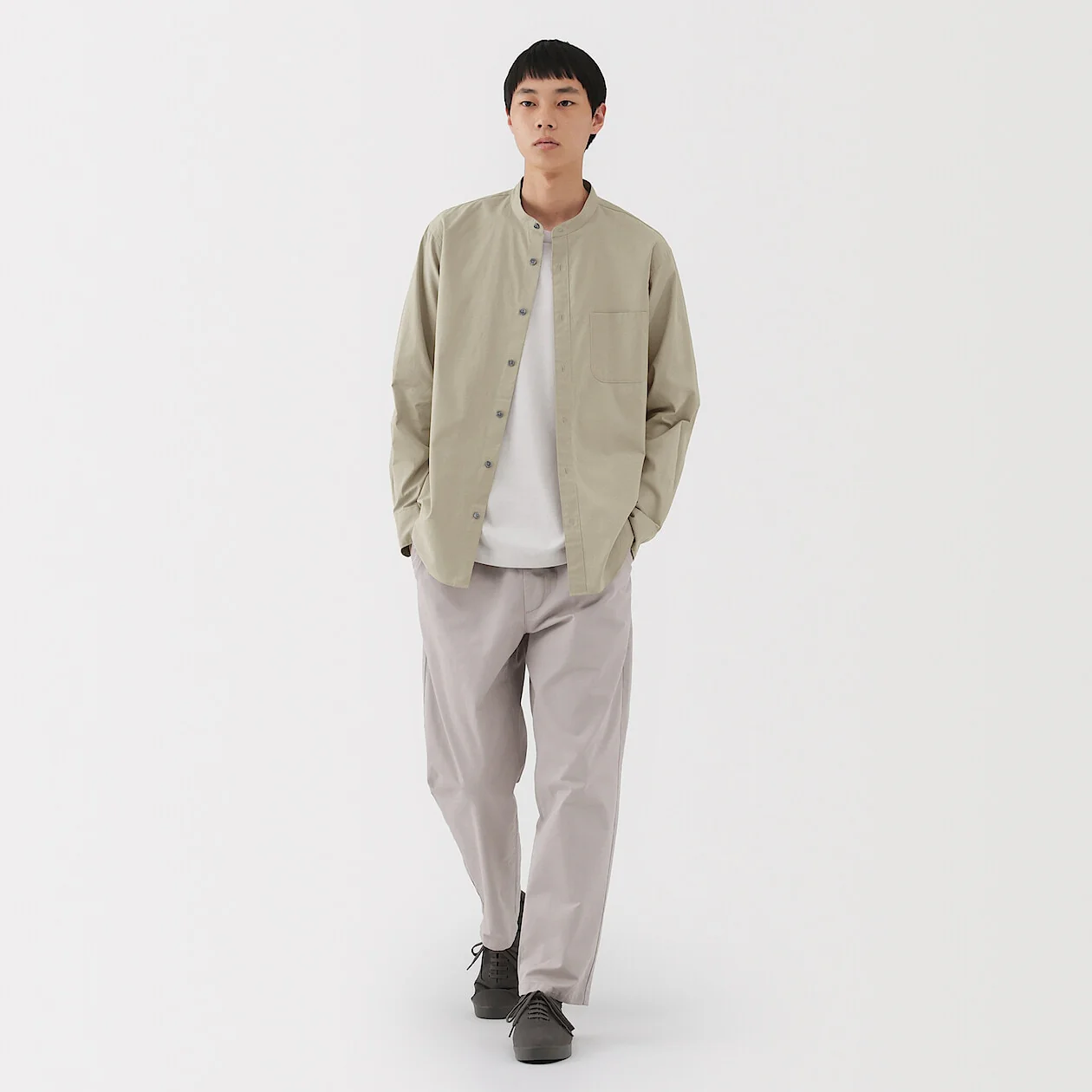Washed Broadcloth Stand Collar Long-Sleeve Shirt - Image 31