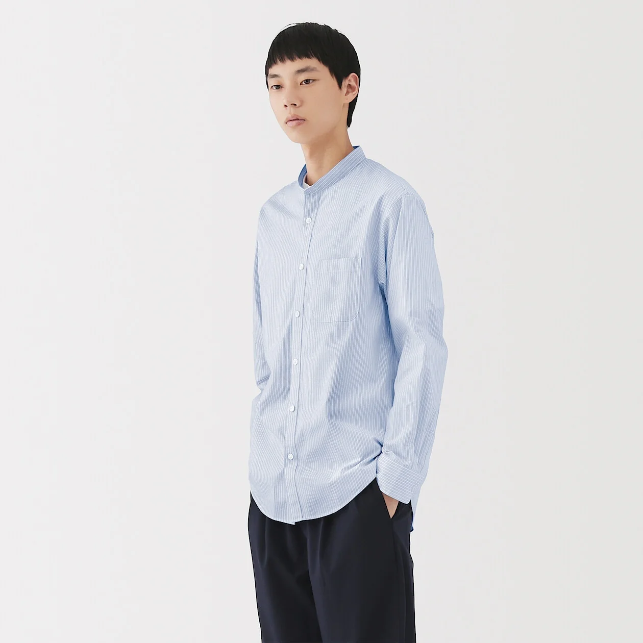 Washed Broadcloth Stand Collar Long-Sleeve Shirt - Image 35