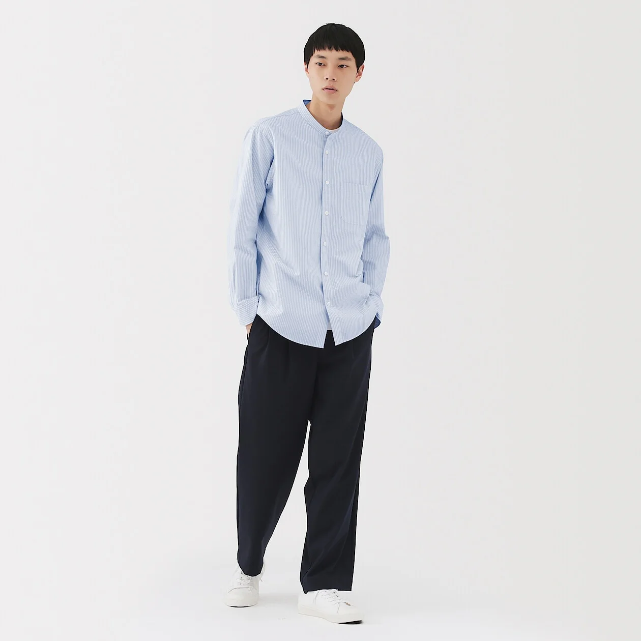 Washed Broadcloth Stand Collar Long-Sleeve Shirt - Image 36