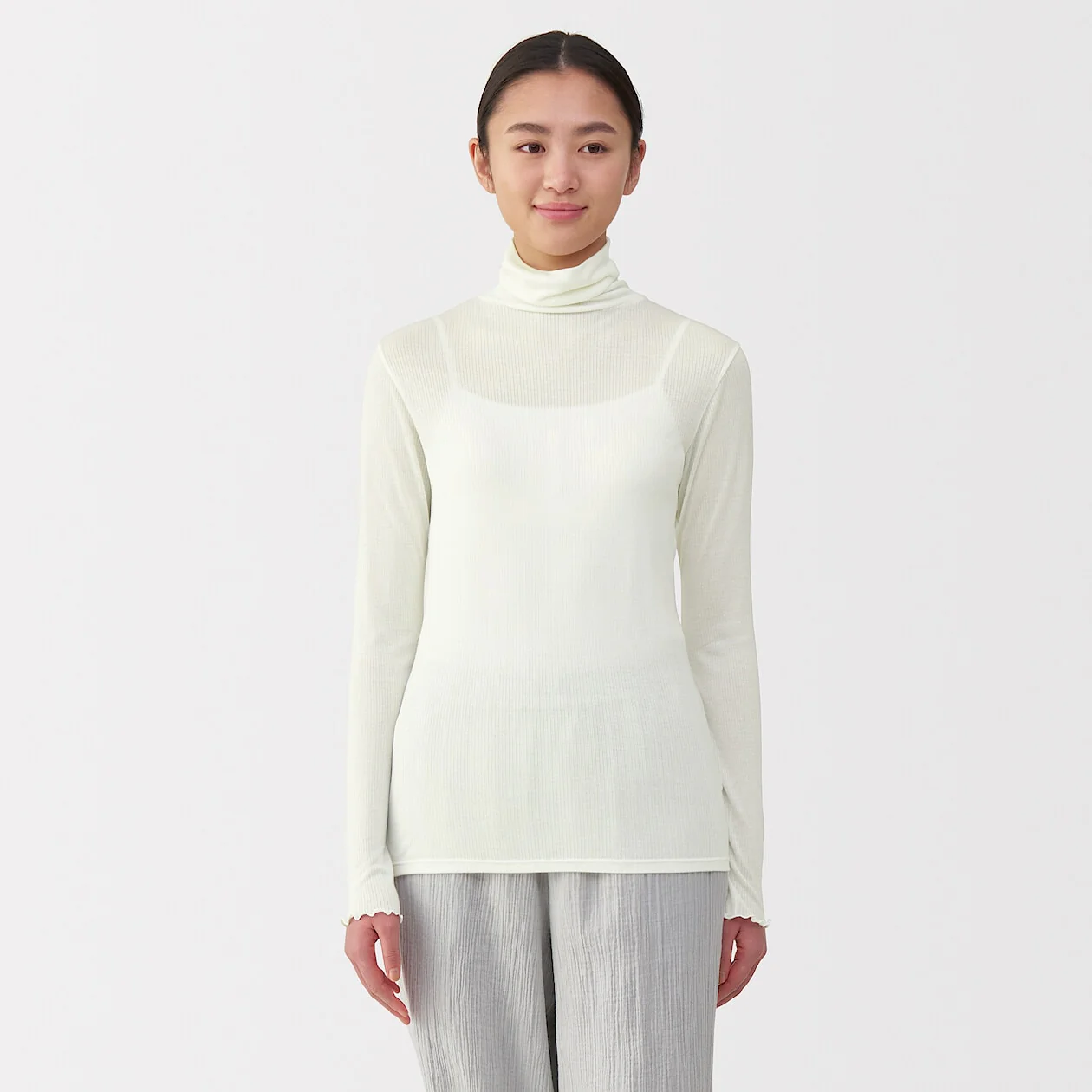 Silk Blend Sheer Turtleneck Long Sleeve T-Shirt - Image 10