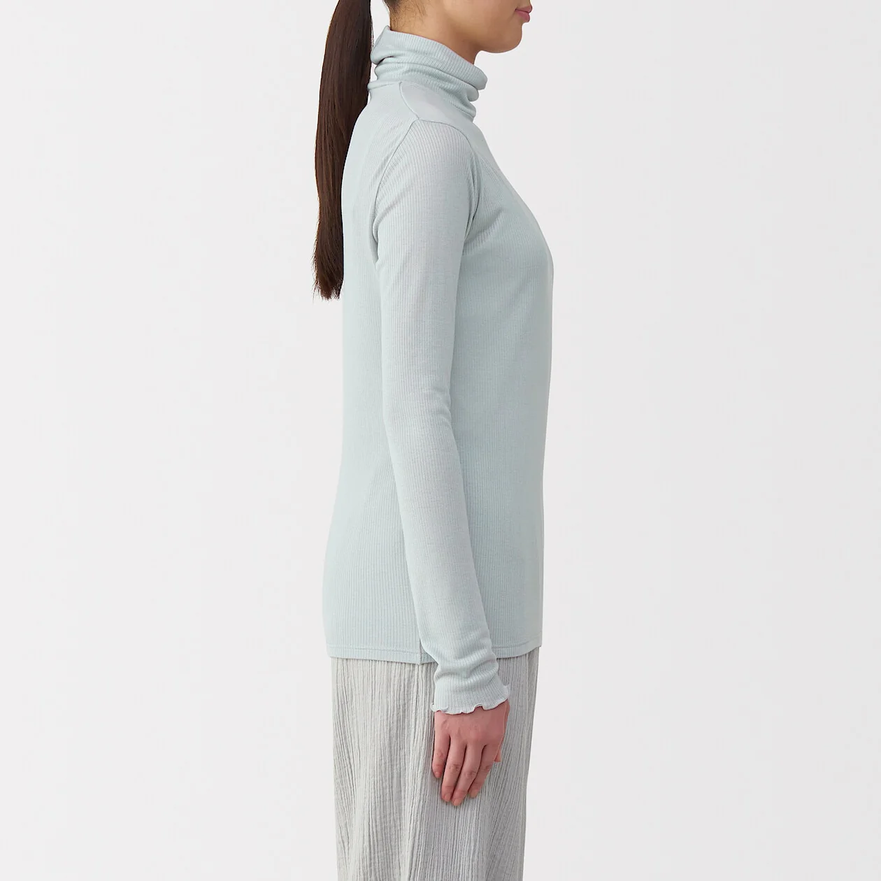 Silk Blend Sheer Turtleneck Long Sleeve T-Shirt - Image 3