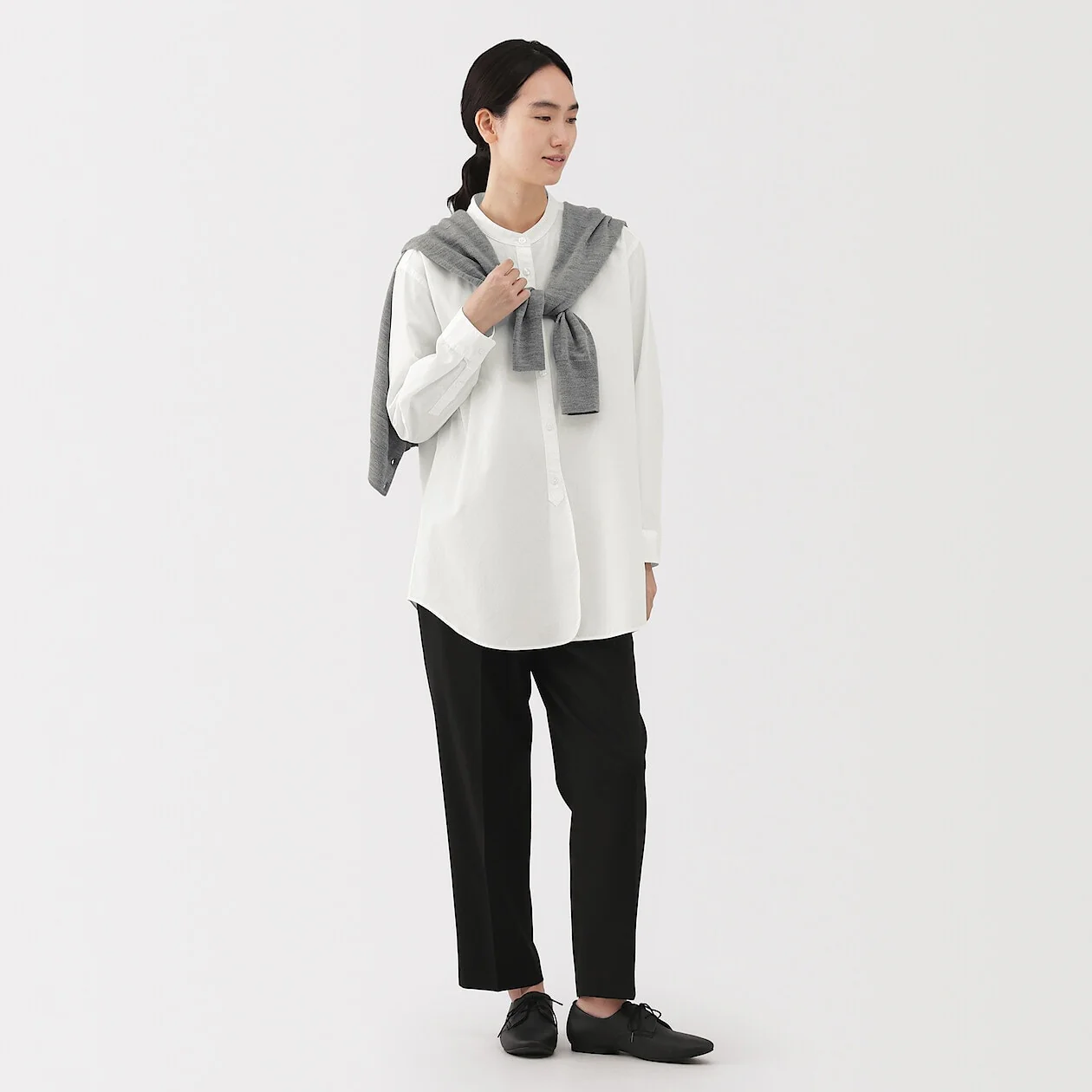 Washed Broadcloth Stand Collar Long Sleeve Shirt - Image 7