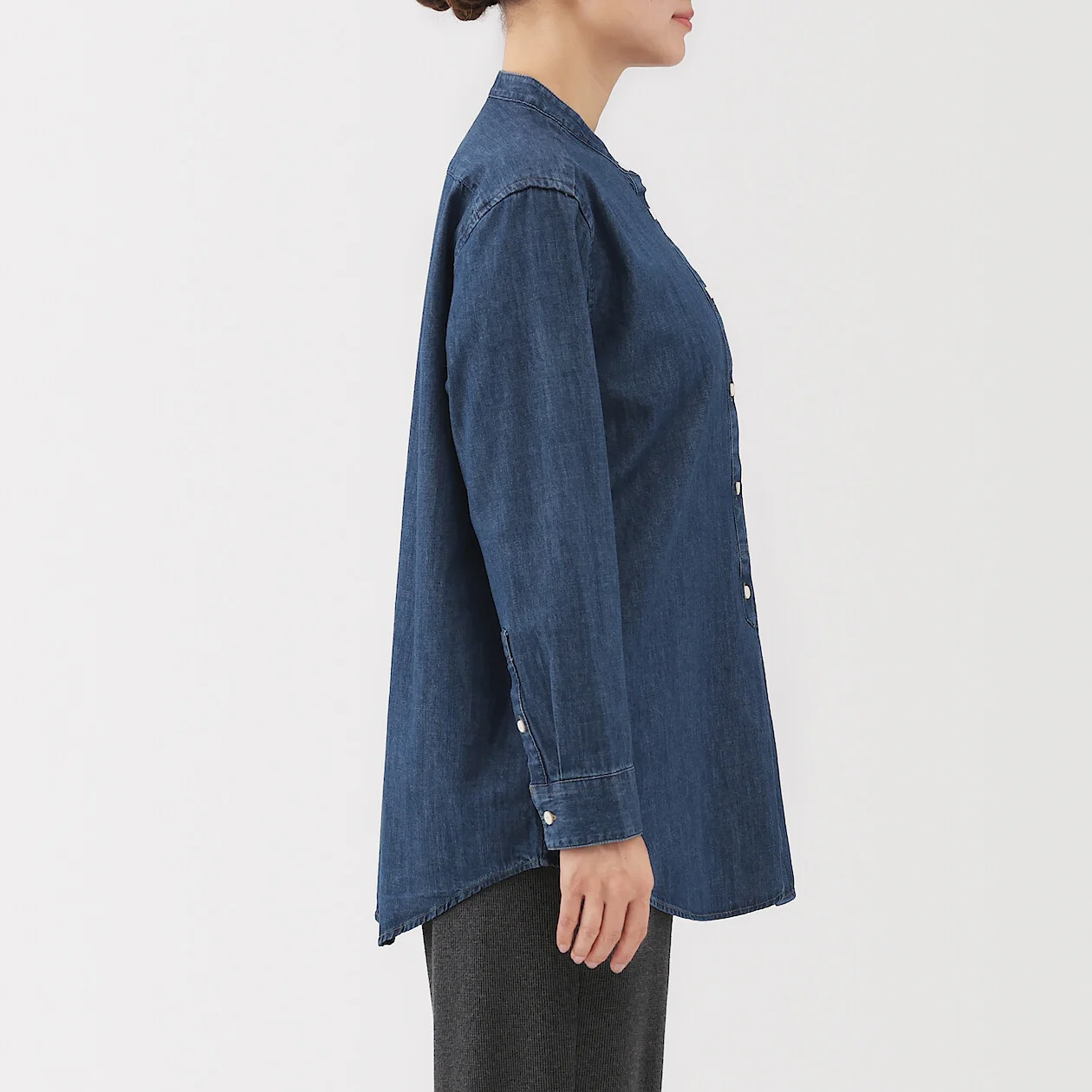 Washed Denim Stand Collar Long Sleeve Shirt - Image 3