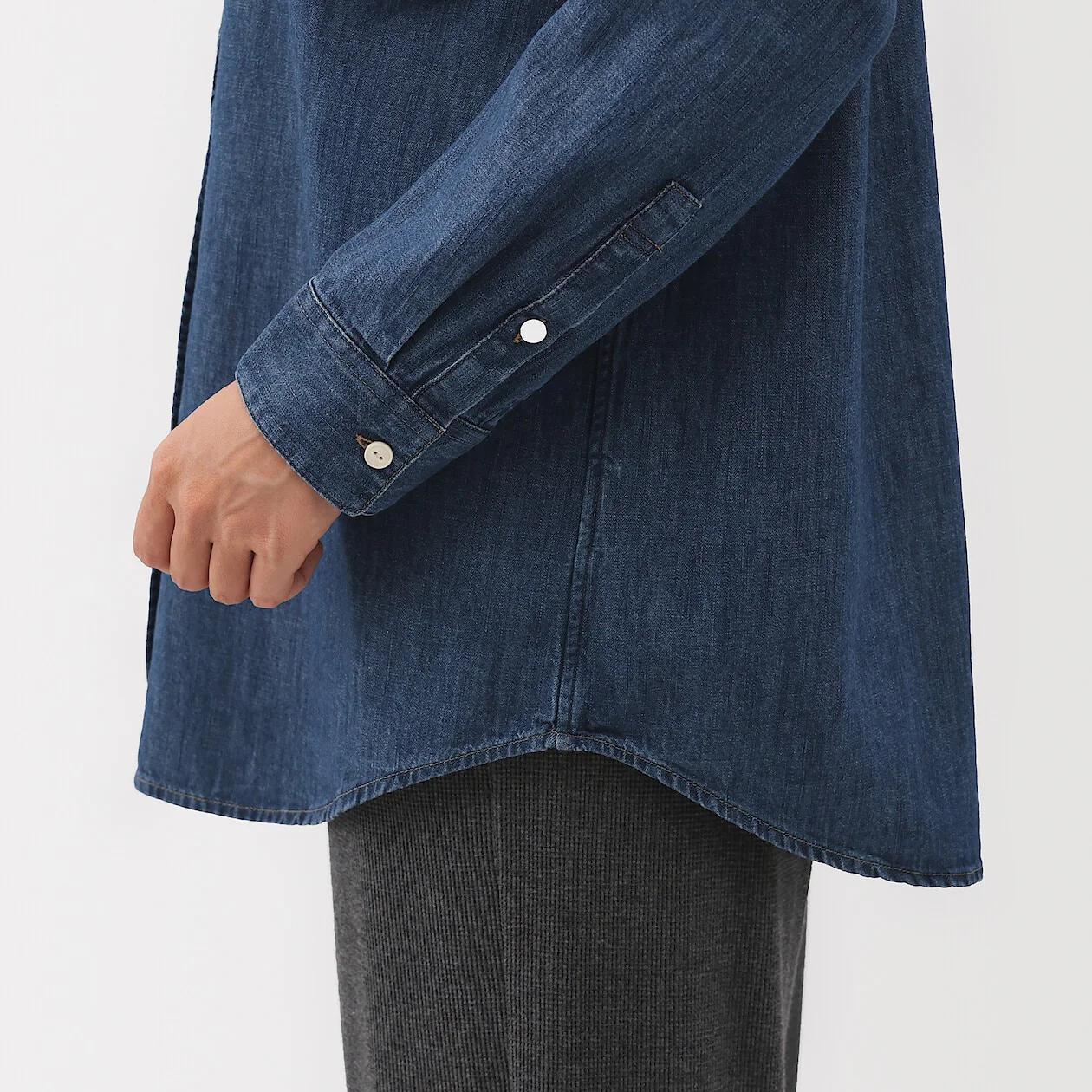 Washed Denim Stand Collar Long Sleeve Shirt - Image 6